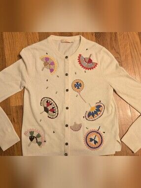 Tory Burch Cream Embroidered Cardigan Sweater Size Medium